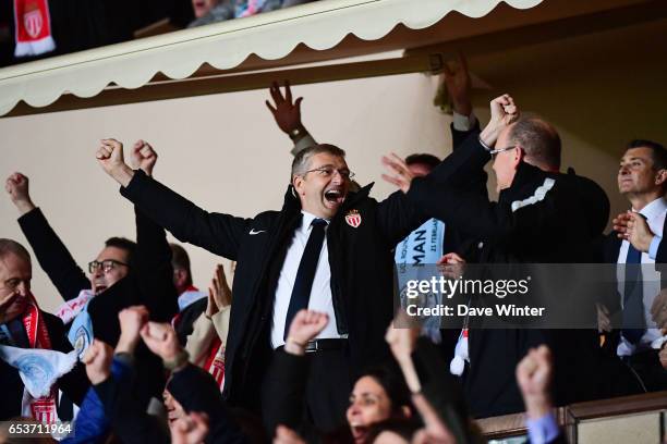 Prince Albert of Monaco and Monaco chairman Dmitriy Rybolovlev celebrate as their team wins the Uefa Champions League match between As Monaco and...