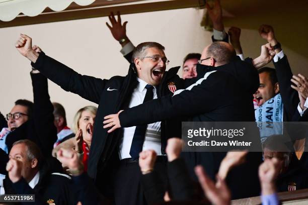Prince Albert of Monaco and Monaco chairman Dmitriy Rybolovlev celebrate as their team wins the Uefa Champions League match between As Monaco and...