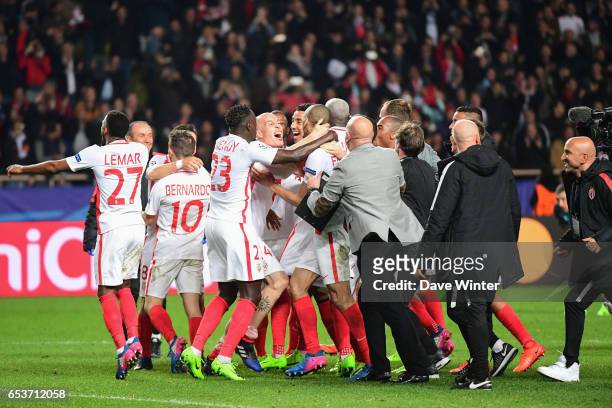 Monaco celebrate winning the Uefa Champions League match between As Monaco and Manchester City, round of 16 second leg at Stade Louis II on March 15,...