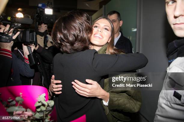 Laurence Druart welcomes her daughter Miss Universe Iris Mittenaere as she arrives at Aeroport Roissy - Charles de Gaulle on March 16, 2017 in Paris,...