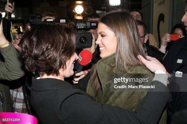 Laurence Druart welcomes her daughter Miss Universe Iris Mittenaere as she arrives at Aeroport Roissy - Charles de Gaulle on March 16, 2017 in Paris,...