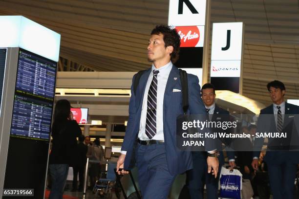Infielder Nobuhiro Matsuda of Japan is seen on departure for the United States for the World Baseball Classic Championship Round at Haneda...