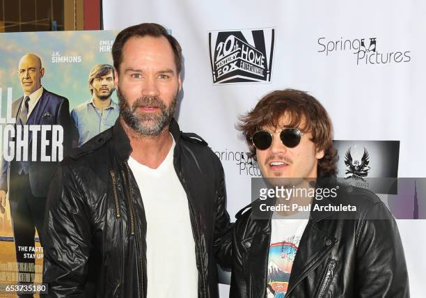 Actors BoJesse Christopher and Emile Hirsch attend the screening of "All Nighter" at Ahrya Fine Arts Theater on March 15, 2017 in Beverly Hills,...