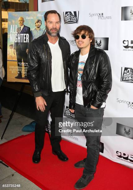 Actors BoJesse Christopher and Emile Hirsch attend the screening of "All Nighter" at Ahrya Fine Arts Theater on March 15, 2017 in Beverly Hills,...
