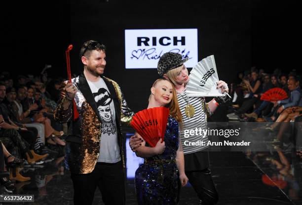 Designer Richie Rich and model/designer Madeline Stuart walk the runway with a model at Art Hearts Fashion LAFW Fall/Winter 2017 - Day 2 at The...