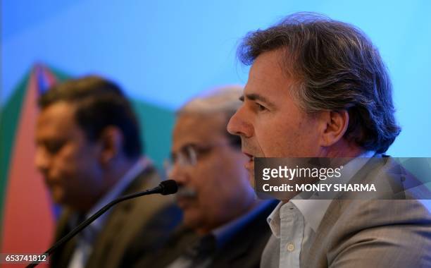 Chief Commercial Officer of The Fédération Internationale de Football Association , Philippe Le Floc'h speaks during a press conference in New Delhi...