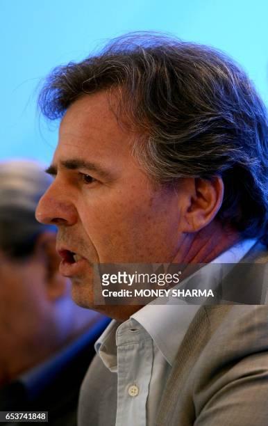 Chief Commercial Officer of The Fédération Internationale de Football Association , Philippe Le Floc'h speaks during a press conference in New Delhi...