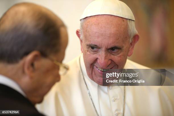 Pope Francis meets President of Lebanon Michel Aoun during an audience at the Apostrolic Palace on March 16, 2017 in Vatican City, Vatican. Pope...