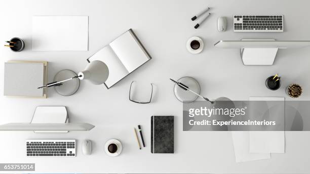 vista business desk del lavoro di squadra knolling - notepad white table foto e immagini stock