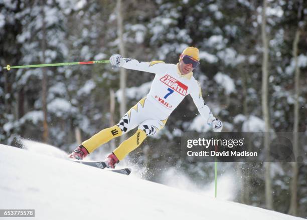 Ingemar Stenmark of Sweden skis in the Giant Slalom event of the FIS Alpine World Ski Championships on February 9, 1989 in Vail, Colorado.