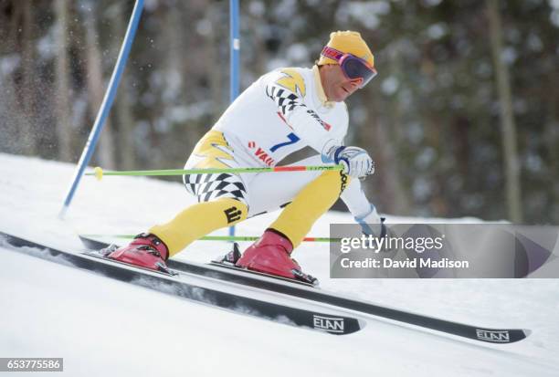 Ingemar Stenmark of Sweden skis in the Giant Slalom event of the FIS Alpine World Ski Championships on February 9, 1989 in Vail, Colorado.