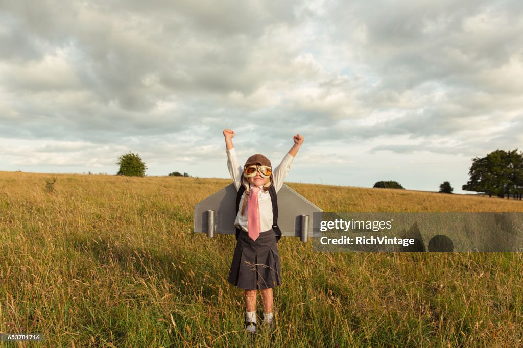 Young Businesswoman Flies Jet Pack into the Sky