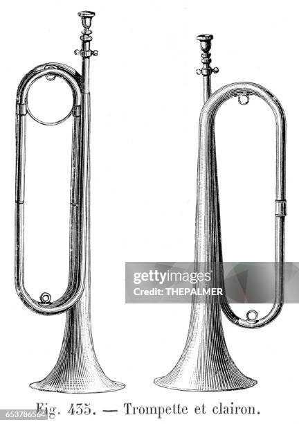 stockillustraties, clipart, cartoons en iconen met clarion trompet gravure 1881 - bugle