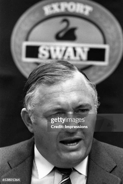 Alan Bond at a function for Swan Lager which was owned by Bond Corporation. Alan Bond was an Australian businessman noted for his high-profile...