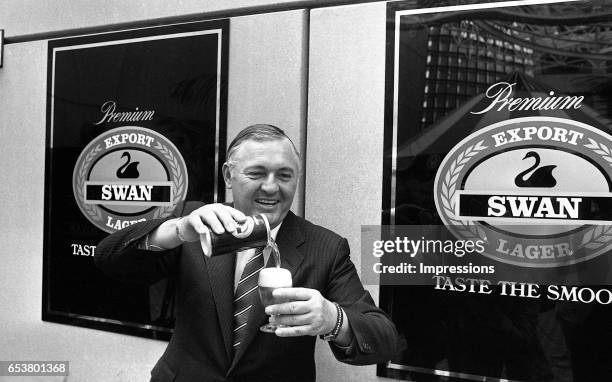 Alan Bond at a function for Swan Lager which was owned by Bond Corporation. Alan Bond was an Australian businessman noted for his high-profile...