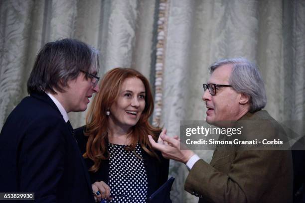 Antonio Campo Dall'Orto, General Director of RAI, Monica Maggioni President of Rai and Vittorio Sgarbi during the presentation of the 25th edition of...