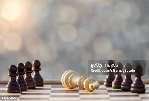 chessboard on a table (checkmate),  illuminated by the light of the sun outdoors - hierarchie stock-fotos und bilder