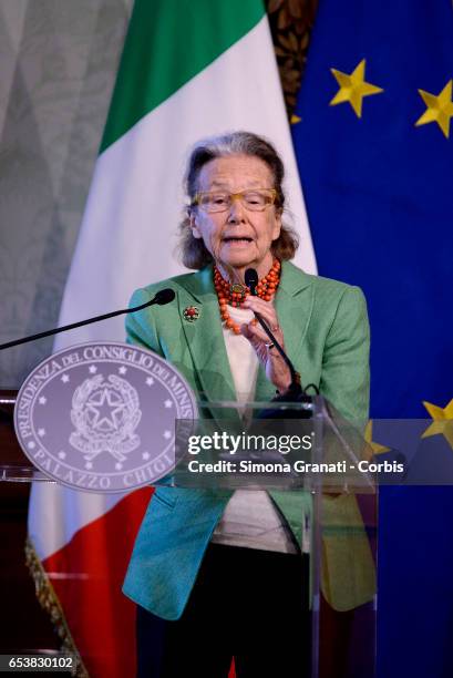 Giulia Maria Crespi, honorary president FAI during the presentation of the 25th edition of 'Spring Days of FAI '.on March 14, 2017 in Rome, Italy.