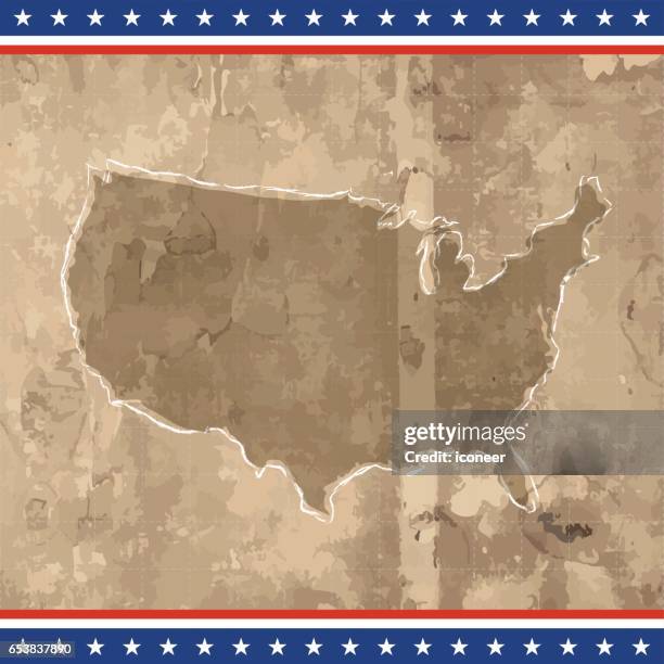 usa scribbled map on wooden grunge brown background - american flag border stock illustrations