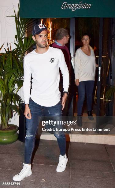 Rubin Kazan football player Sergio Sanchez and his wife the model Elisabeth Reyes are seen leaving Amazonico restaurant on February 15, 2017 in...