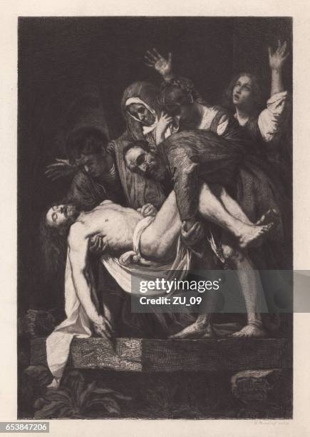 burial of christ, painted (1603-04) by caravaggio, vatican, published 1884 - michelangelo merisi da caravaggio stock illustrations