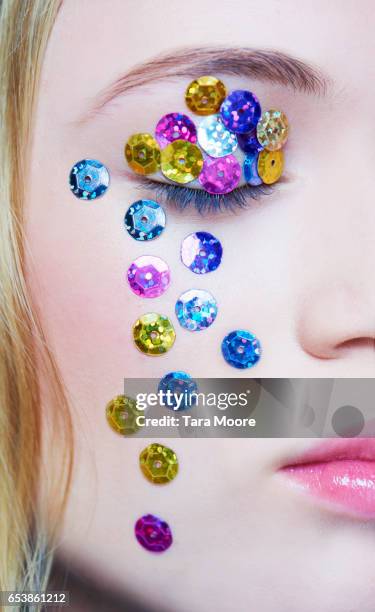 girl with sequins in face - blond woman crying close up stock pictures, royalty-free photos & images