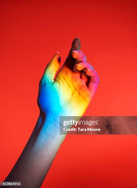 hand with rainbow colours - gender identity stockfoto's en -beelden