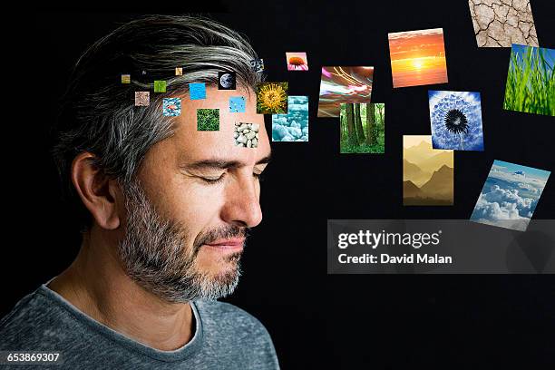 man visualising nature. - un solo hombre fotografías e imágenes de stock
