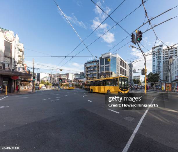 street scene, wellington new zealand - bus stock pictures, royalty-free photos & images