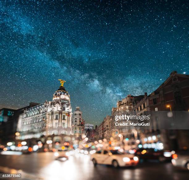 madrid at night - gran via - street style in madrid stock pictures, royalty-free photos & images