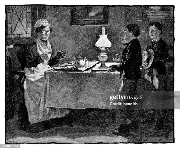 boys talking to aunty - tea kettle stock illustrations