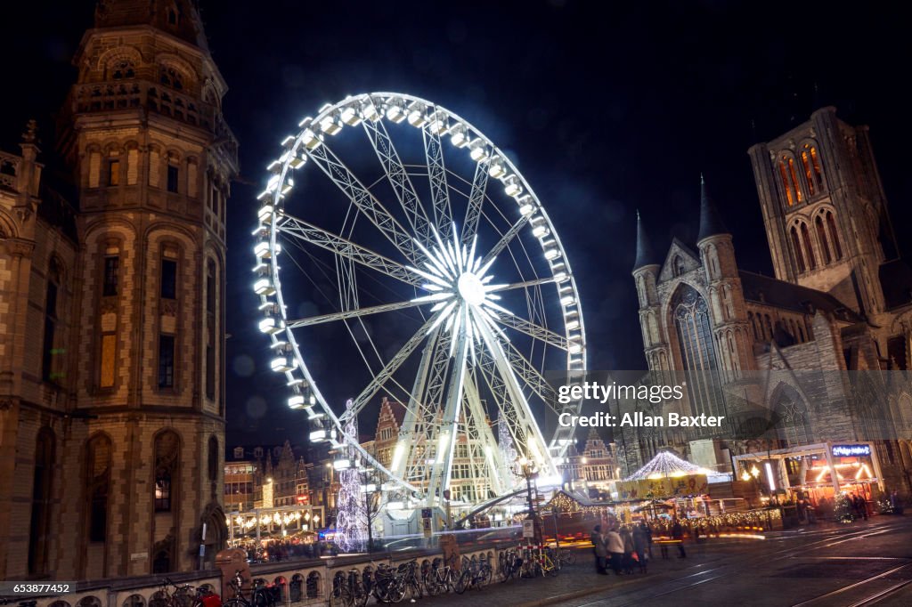 Ferris Wheel in Ghent Christmas market at night