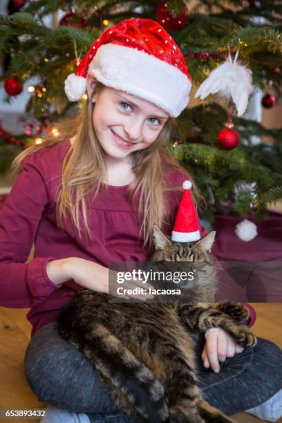 girl with cat in front of a christmas tree - lacaosa stock-fotos und bilder