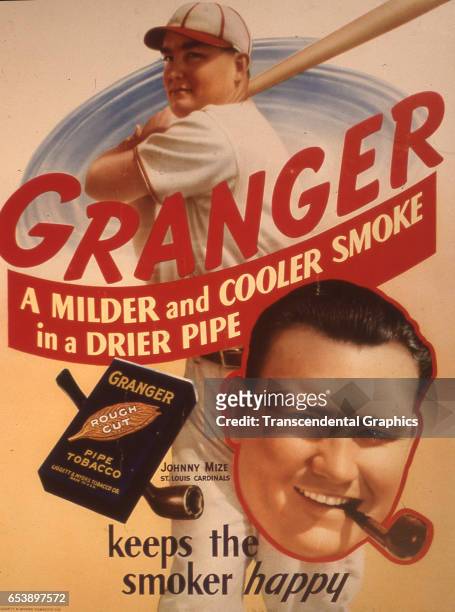 Illustration of baseball player Johnny Mize on an advertisement for Granger Pipe Tobacco, Durham, North Carolina, 1940.