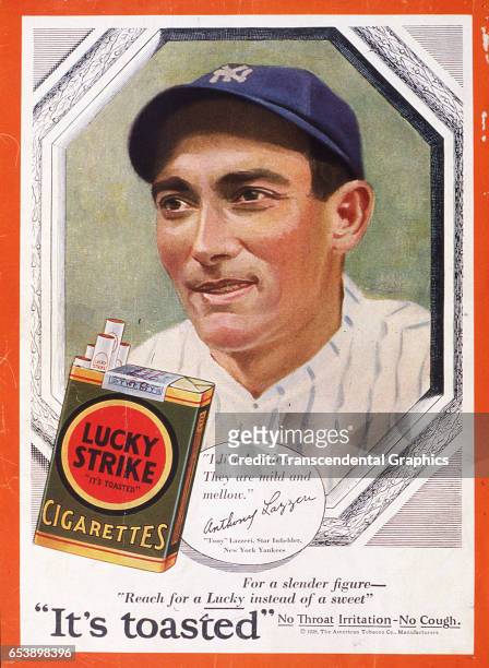 Illustration of baseball player Tony Lazzeri as he advertises Lucky Strike cigarettes, New York, New York, 1928.