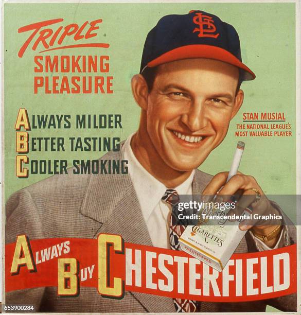 Portrait of baseball player Stan Musial as he advertises Chesterfield cigarettes, Durham, North Carolina, circa 1950.