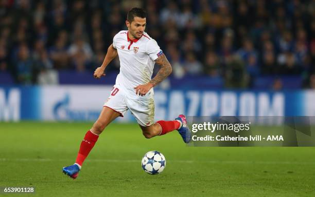 Vitolo of Sevilla during the UEFA Champions League Round of 16 second leg match between Leicester City and Sevilla FC at The King Power Stadium on...