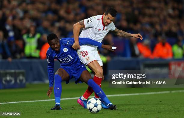 Daniel Amartey of Leicester City and Vitolo of Sevilla during the UEFA Champions League Round of 16 second leg match between Leicester City and...
