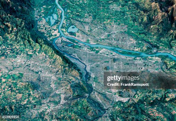 portland 3d render satellite view topographic map horizontal - columbia river stock pictures, royalty-free photos & images