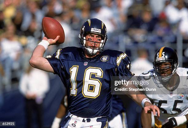 Quarterback Ryan Leaf of the San Diego Chargers passes the ball during the game against the Pittsburgh Steelers at Qualcomm Stadium in San Diego,...