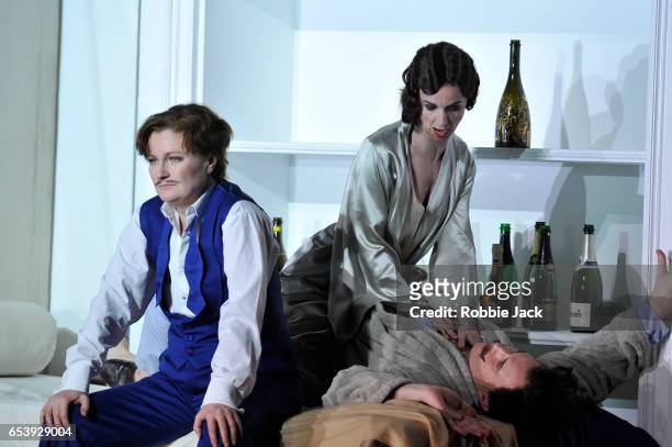 Patricia Bardon as Arsace, Sarah Tynan as Partenope and James Laing as Armindo in English National Opera's production of George Frideric Handel's...