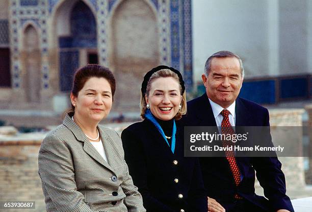 First Lady Hillary Clinton with Uzbek President Islam Karimov and his wife, Tatiana Karimova , Samarkand, Uzbekistan, November 14, 1997. Mrs. Clinton...