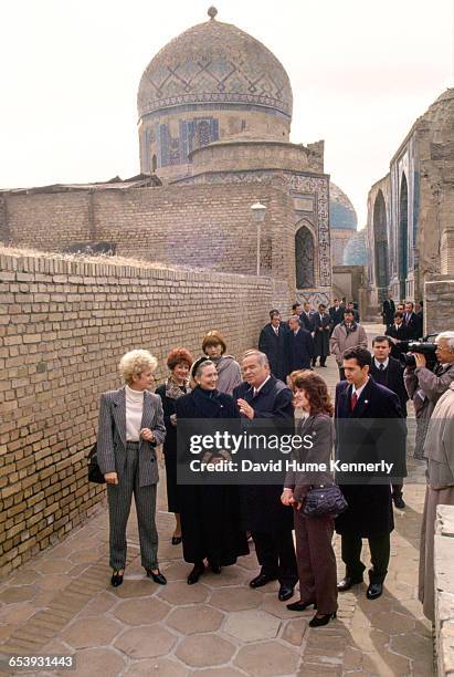 First Lady Hillary Clinton visiting the town of Samarkand, accompanied by Uzbek President Islam Karimov, November 14, 1997. Mrs. Clinton is on a trip...