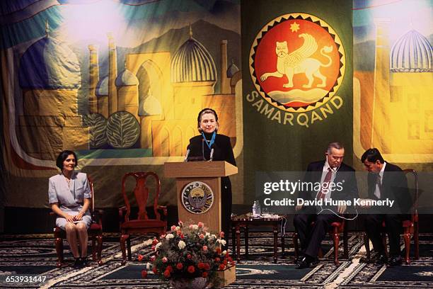 First Lady Hillary Clinton listens to an address by Uzbek President Islam Karimov in Samarkand, Uzbekistan, November 14, 1997. Mrs. Clinton is on a...