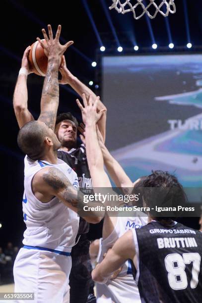 Gabriele Spizzichini and Davide Bruttini of Segafredo competes with Damen Bell Holter and Innocenzo Ferraro and Albano Chiarastella of Moncada during...