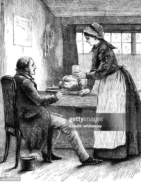 victorian woman giving a man a glass of milk - milk stock illustrations stock illustrations