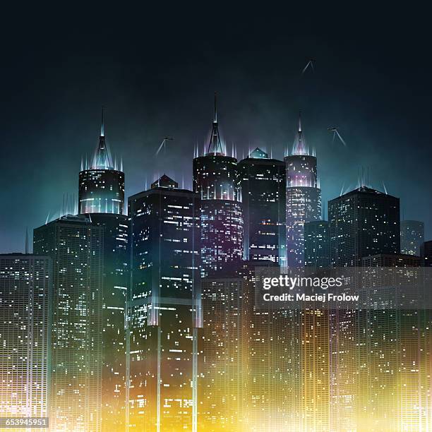 futuristic city skyline - city night stock illustrations