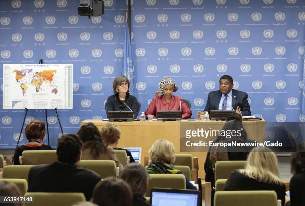 Phumzile Mlambo-Ngcuka, Executive Director, UN Women, Martin Chungong, Secretary General, IPU and Paddy Torsney during press briefing on the 2017...
