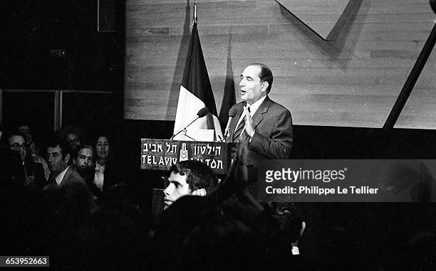 French President François Mitterrand during a visit to Israel, Tel Aviv, Israel, 03/1982.