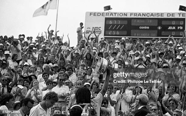 Yannick Noah winning the French Open tennis tournament against Mats Wilander, Roland-Garros, Paris, France, may 1983. (Photo by Philippe Le...